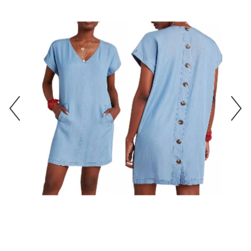PORRIDGE Light‎ Wash Blue Chambray Pockets Button Back V-Neck Mini Dress Size S
